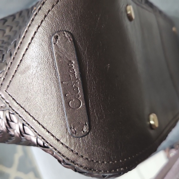 Cole Haan Woven Leather Handbag  Bronze Metallic with Lobster Claw Closure - Picture 3 of 9